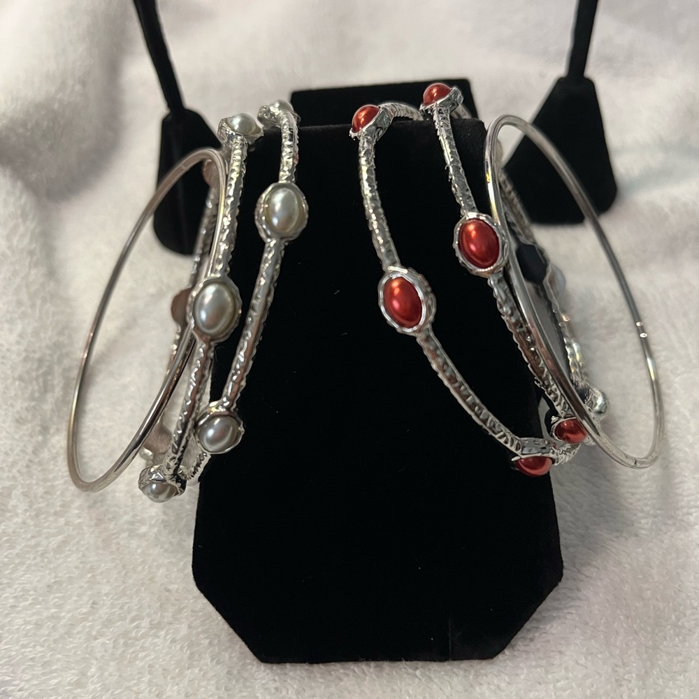 Elegant Silver and Red Women's Bangle Set